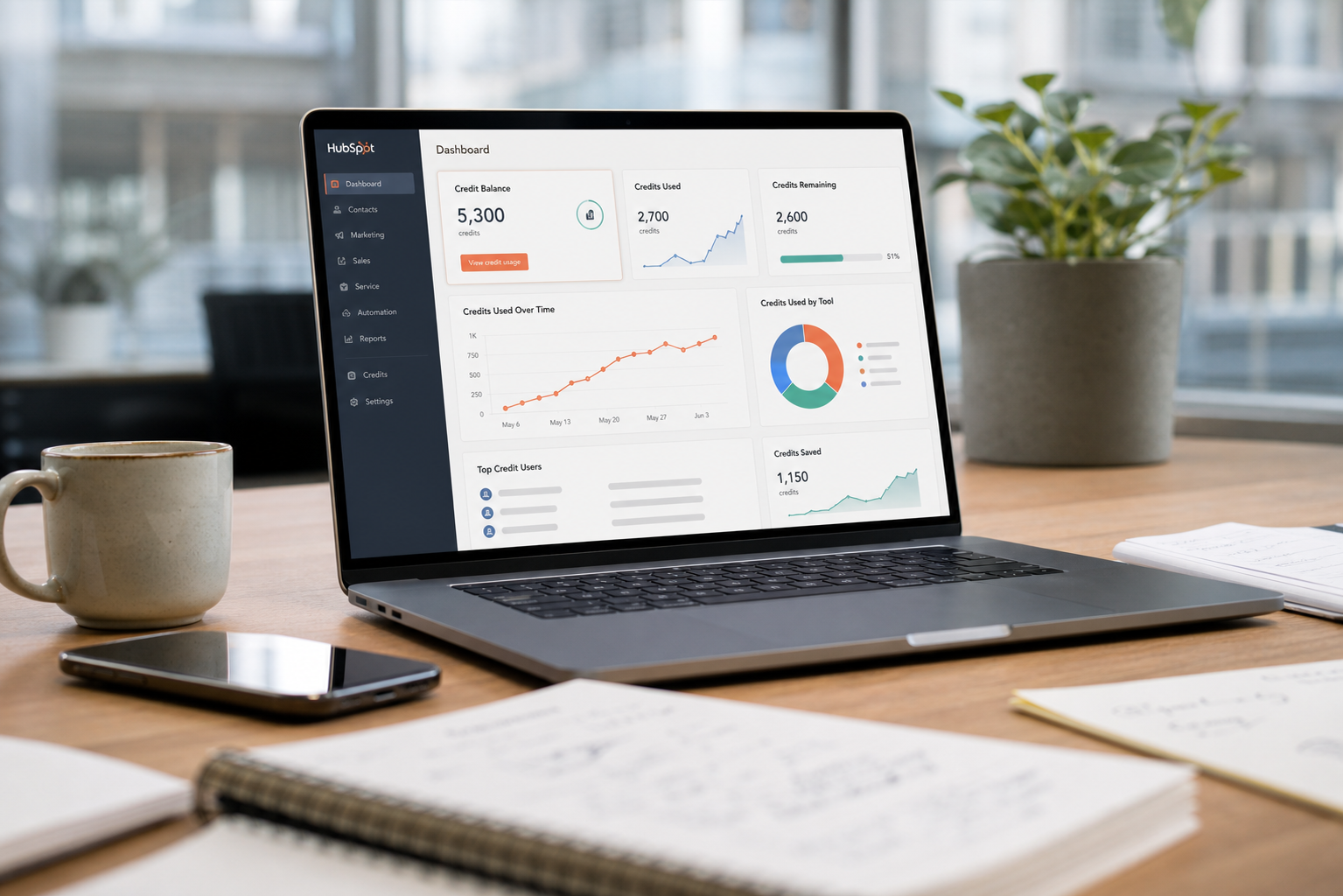 The image features a sleek, modern digital interface displaying a dashboard of HubSpot Credits. The background is a soft gradient of blue and white, creating a calming effect. Prominently in the center, a large circular gauge shows the current balance of credits, with a vibrant green needle indicating usage levels. Surrounding the gauge are colorful icons representing various AI features like Breeze AI agents and data enrichment tools, each labeled with their respective credit costs. Below the gauge, a notification banner alerts users about the 